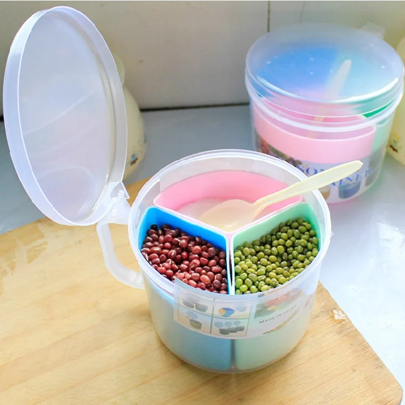 

Round three grid split combination condiment box pp plastic belt spoon with lid cruet for spices creative kitchen supplies