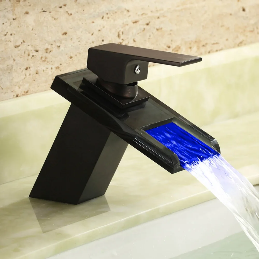 Temperature Controll Led Glass Waterfall Basin Mixer Black Wash