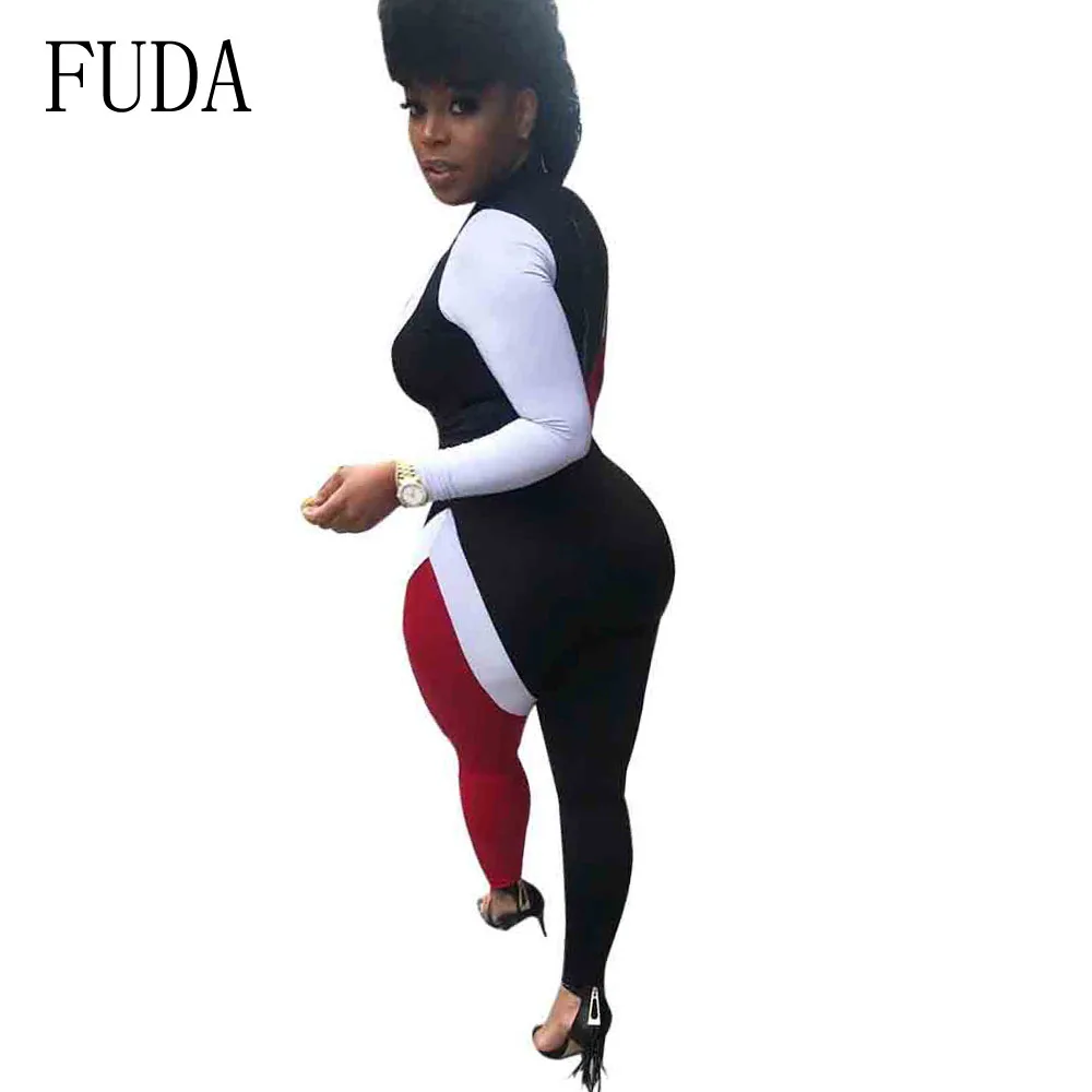 FUDA Autumn Casual Patchwork Long Sleeve Women Playsuits Rompers Womens Jumpsuit Bodycon Bodysuit One Piece Pants Overalls