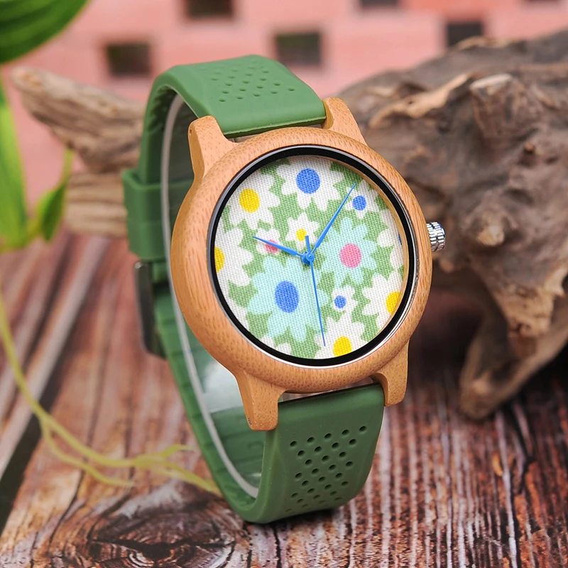 BOBO BIRD B04 унисекс деревянные часы с цветочным принтом Циферблат Женские бамбуковые кварцевые часы с зеленым силиконовым ремешком kol saati