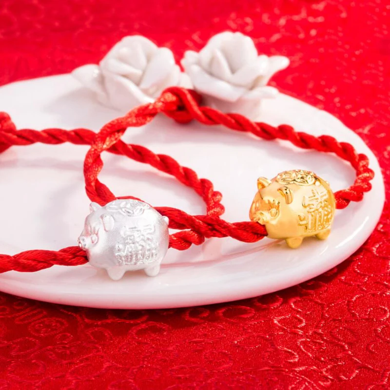

2019 Hot Cute Yellow Gold Pig Bead Bracelets For Women Jewelry Popular Red Rope Lucky Wealth Pig Bangles Girl Anniversary Gifts