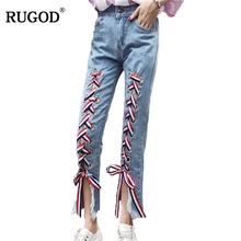 RUGOD винтажные модные женские джинсы со средней талией, отбеливатель, стирка, умягчитель, обычные прямые штаны на шнуровке, пуговицы, длина до щиколотки