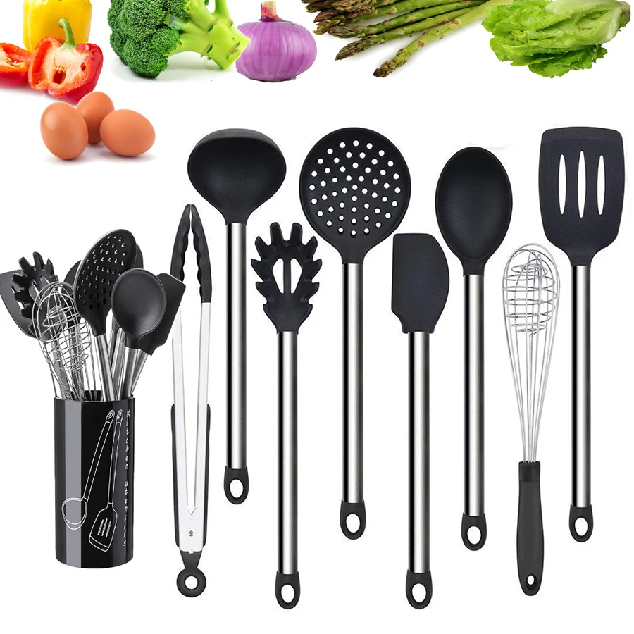 9 Piece Cooking Utensils and Utensil Holder, for nonstick cookware - Made Of Silicone and Stainless Steel, Kitchen Utensils 9 Piece Cooking Utensils and Utensil Holder, for nonstick cookware - Made Of Silicone and Stainless Steel, Kitchen Utensils