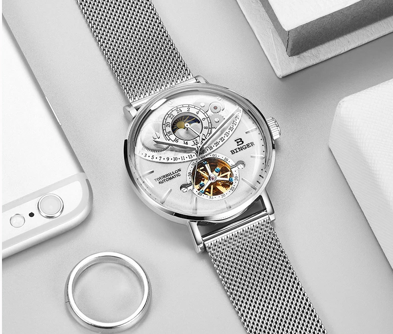 Швейцария BINGER часы для мужчин автоматические механические часы лучший бренд класса люкс Сапфир изогнутая поверхность Relogio Masculino