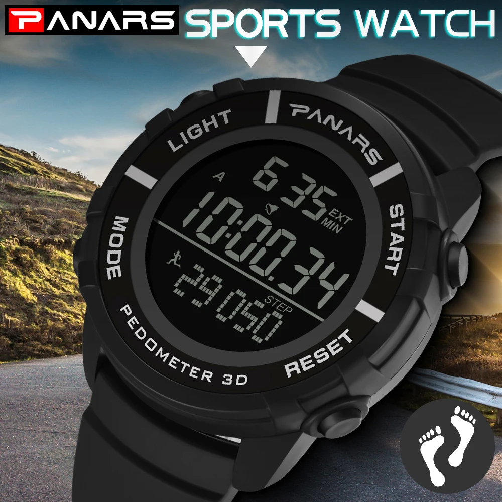 

PANARS Men's Watch Male Waterproof Swimming Alarm Timer 3D Pedometer Fitness Climbing Digital Wristwatches Fashion Simple
