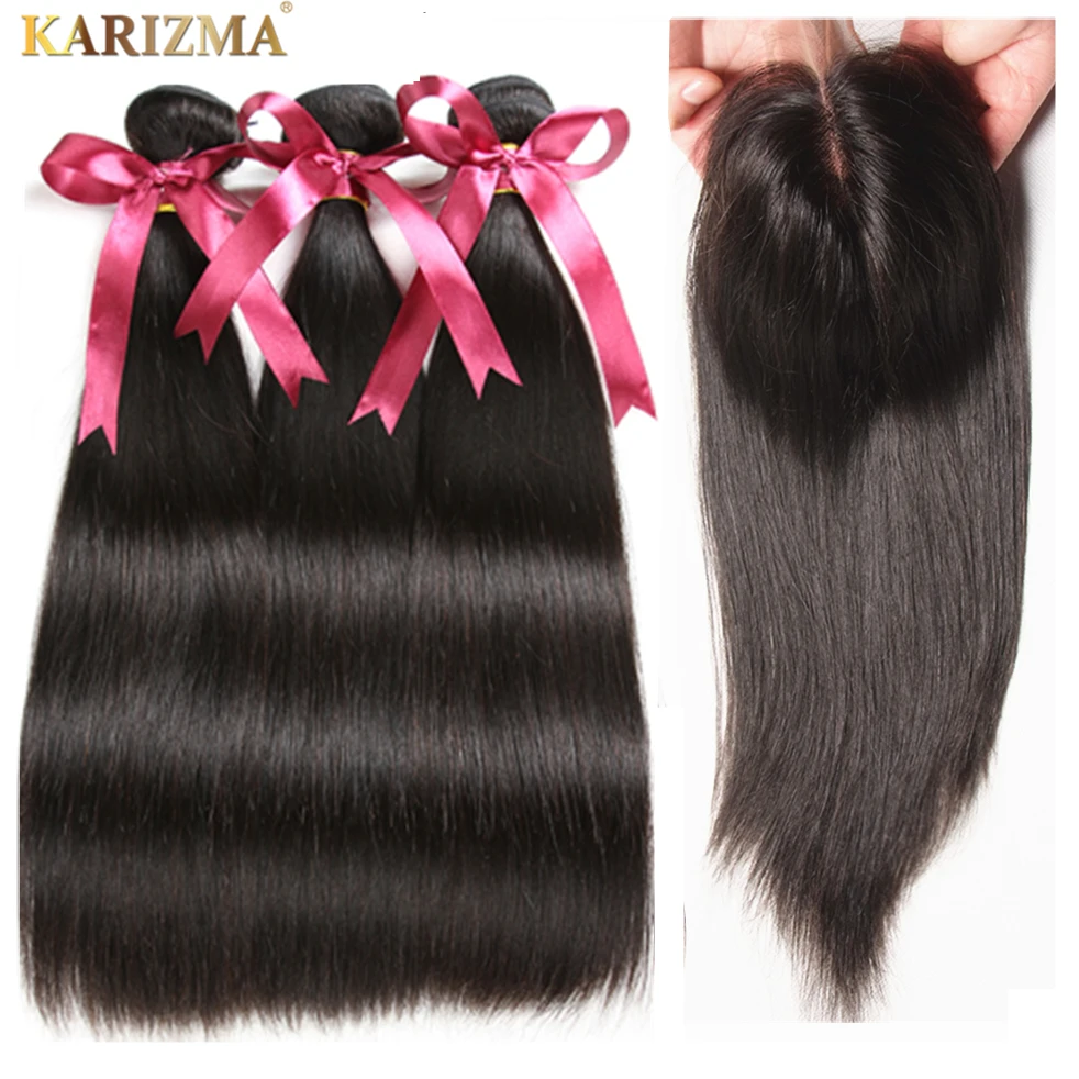 Karizma Straight Hair 3 Bundles With Closure Middle Part Brazilian Hair Weave Bundles With Closure Human Hair Extension Non Remy