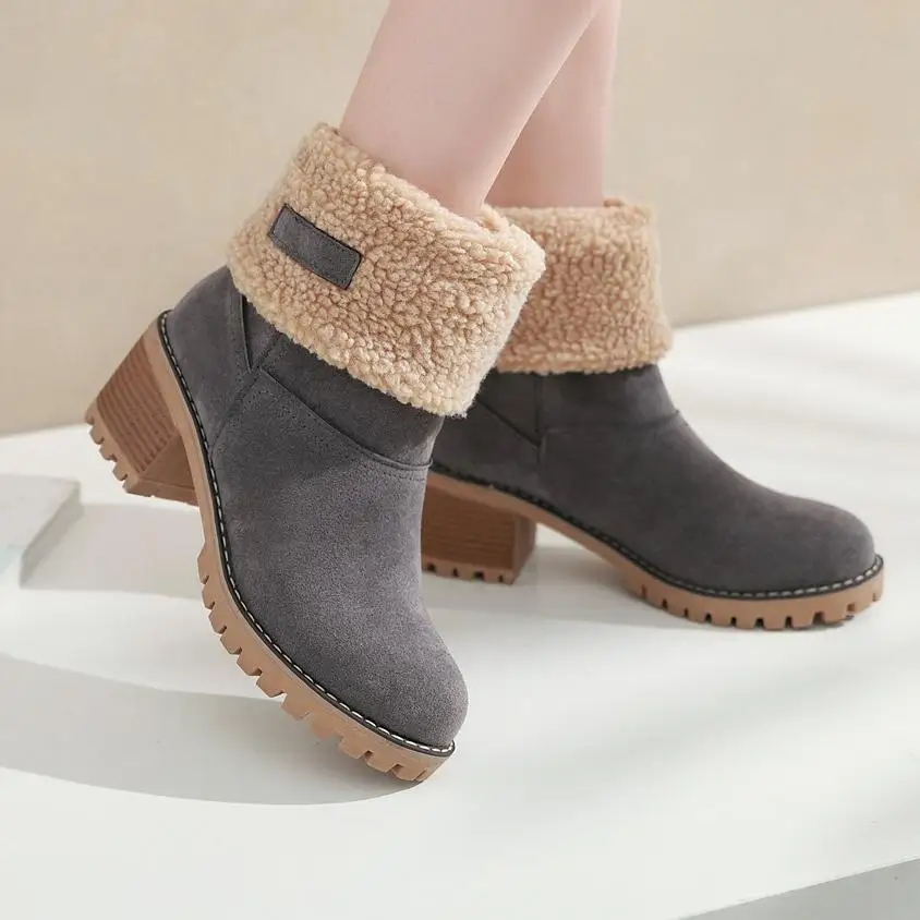 

2018 Winter Platform Boots Women Female Fur Warm Snow Boots Winter Fashion Square High Heels Shoes Woman Ankle Boots Black Green