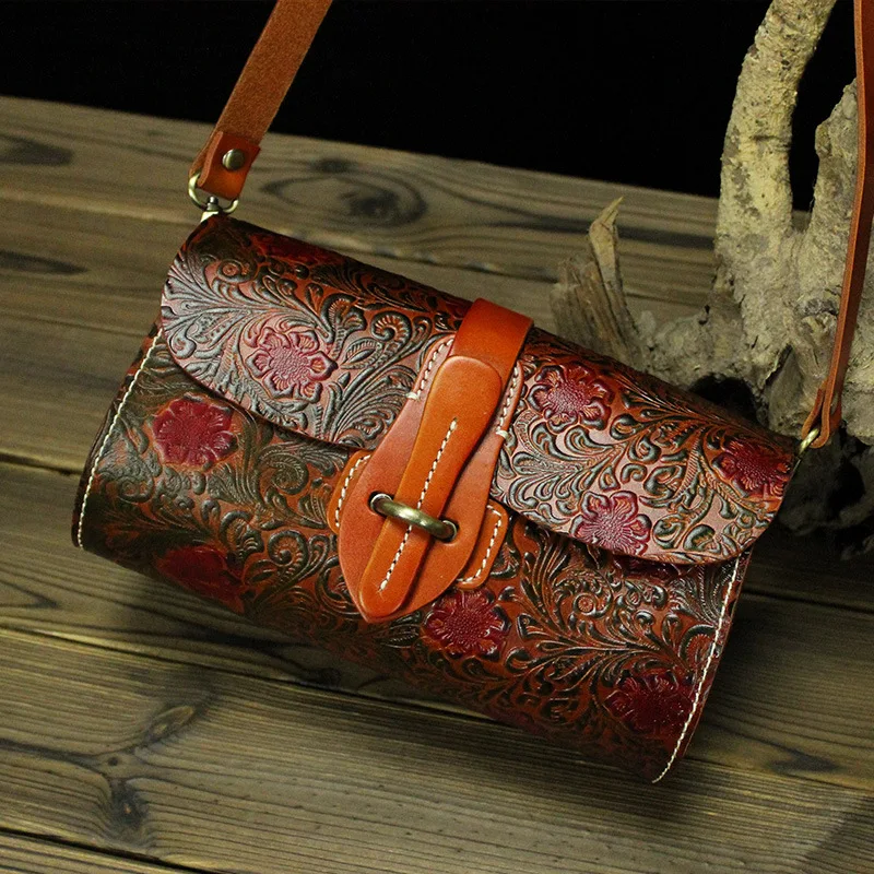 

Nesitu Flower Pattern Thick Vegetable Tanned First Layer Genuine Leather Small Women Messenger Bags Ladies Shoulder Bags #M3442