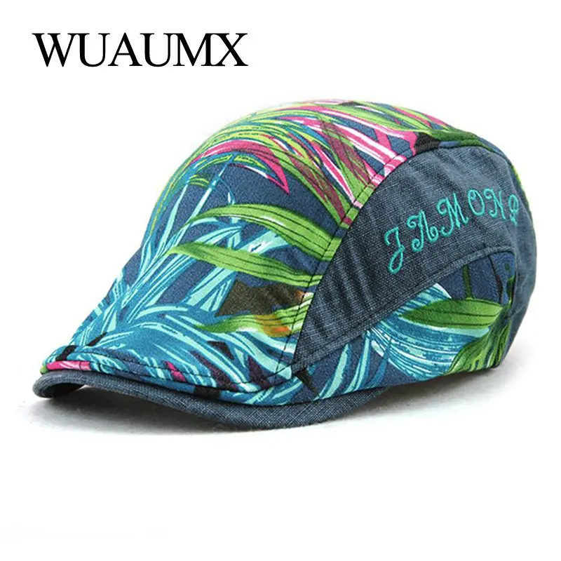 Wuaumx брендовые летние берет Шапки для Для женщин Для мужчин печати листья остроконечные шляпа солнца плоским Кепки газетчик регулируемый летние шляпы для женщин береты женские шляпа женская летняя кепка корея берет