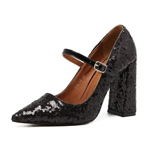 Pointed Toe BlingBling Shiny Sequined Mary Jane Pumps Block Chunky High Heel Women Shoes Black Woman Priness Classic Shoes