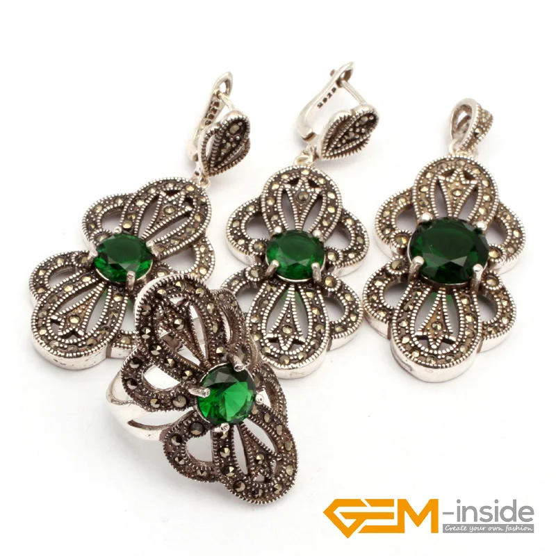 

Green Crystal antiqued tibeten silver Jewelry sets: ring earrings pendant party Women Christmas Birthday Present Gem-inside