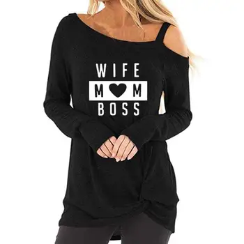 

New Fashion Long Sleeve Oblique Shoulder T-Shirt WIFE MOM BOSS Letters Print T-Shirt For Women Tshirt Harajuku Women Top Cropped