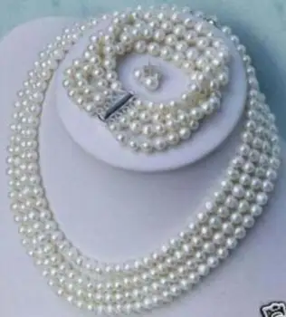 

Charming 4 Rows 7-8mm Natural White Pearl Necklace Bracelet Earring Jewelry Set