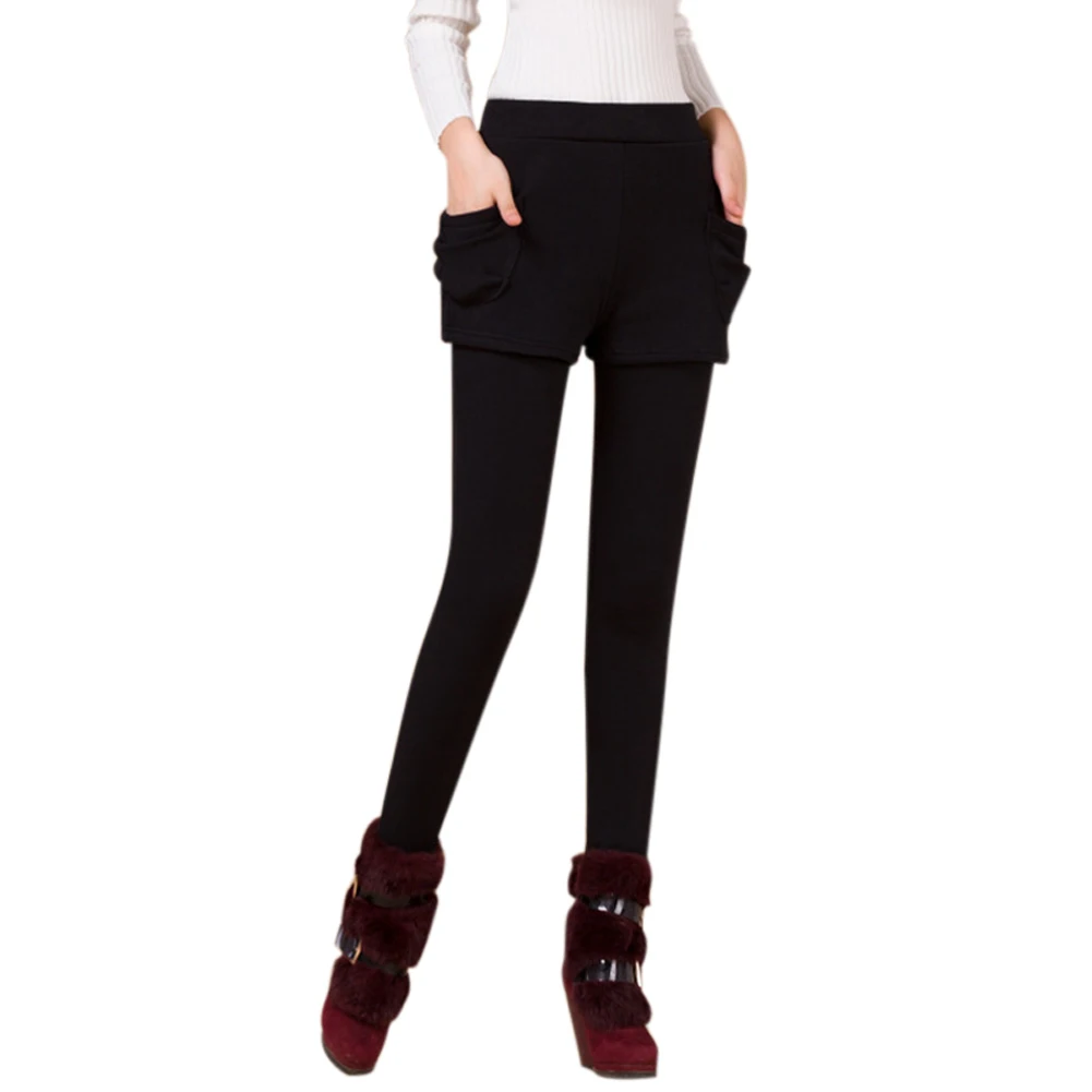 Женские осенние леггинсы, имитация двух частей, короткие штаны, теплые зимние женские брюки, Прямая поставка - Цвет: Черный