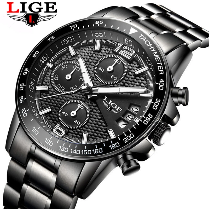 LIGE Men Full Steel Watches Male Fashion Sports Watch Black Quartz Clock Man Military Waterproof Wristwatches Relogios Masculino