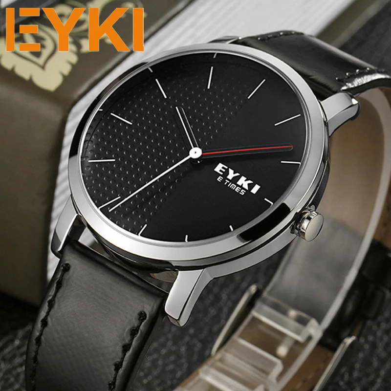 

EYKI Brand Men Leather Watches Black Simple Mens Business Quartz Wrist Watch For Women Clock Relogio Masculino Montre