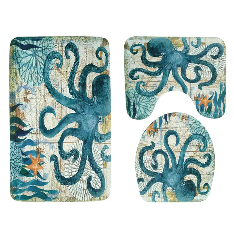 

3 Pieces Set Toilet Seat Cover Sea Turtle Non-Slip Grip Bath Mat Bathroom Kitchen Cute turtle seafood print Carpet Doormats