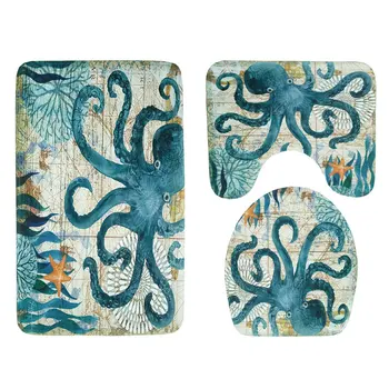 

3 Pieces Set Toilet Seat Cover Sea Turtle Non-Slip Grip Bath Mat Bathroom Kitchen Cute turtle seafood print Carpet Doormats