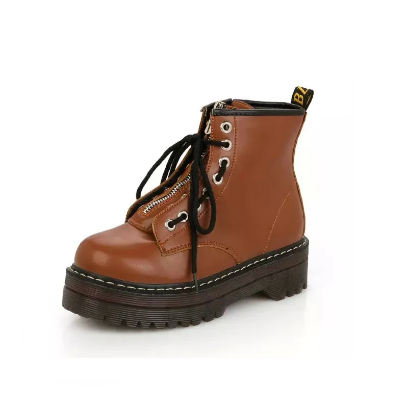 

Brown PU Leather Platform Ankle Boots Women Zip Flat Martin Boots Cow Muscle Sole Winter Shoes Woman Chaussures Femme SIZE 40