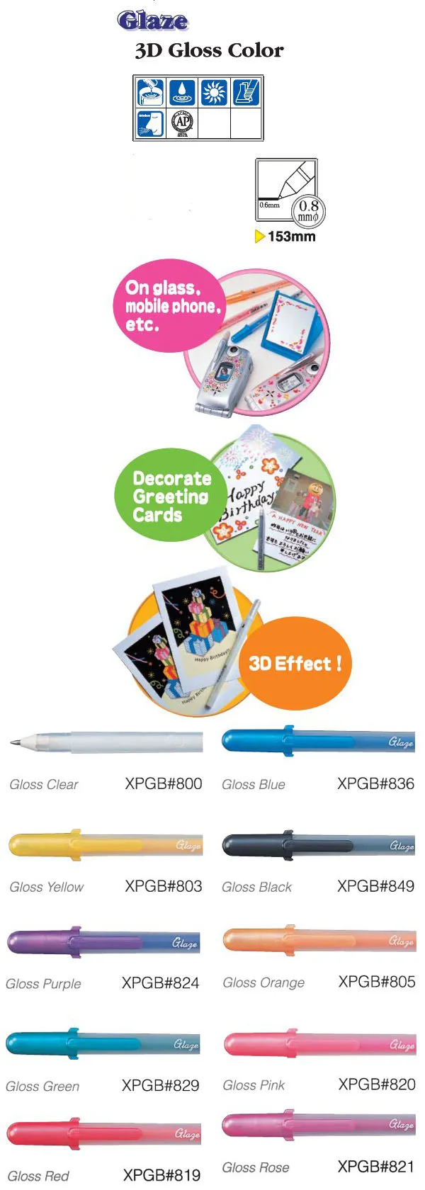 5 шт. японский сакура PGB-100 3D Глянцевая цветная ручка Aqualip для письма на стекле/палец ногтей Блеск для DIY креативные канцелярские принадлежности