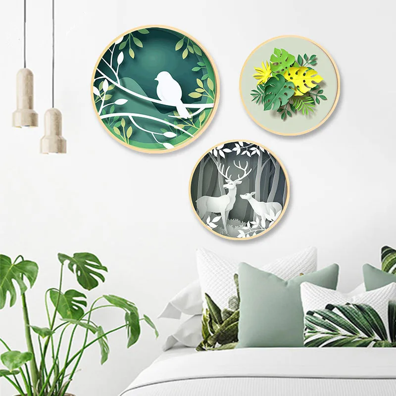

Nordic style solid wood round decorative painting simple modern living room paintings restaurant Lingxiu landscape mural