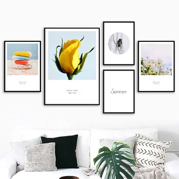 

Canvas Modern Painting Yellow Flower Nordic Cicada Poster Minimalist Print Wall Art Summer Picture Home Deco Living Room Bedroom