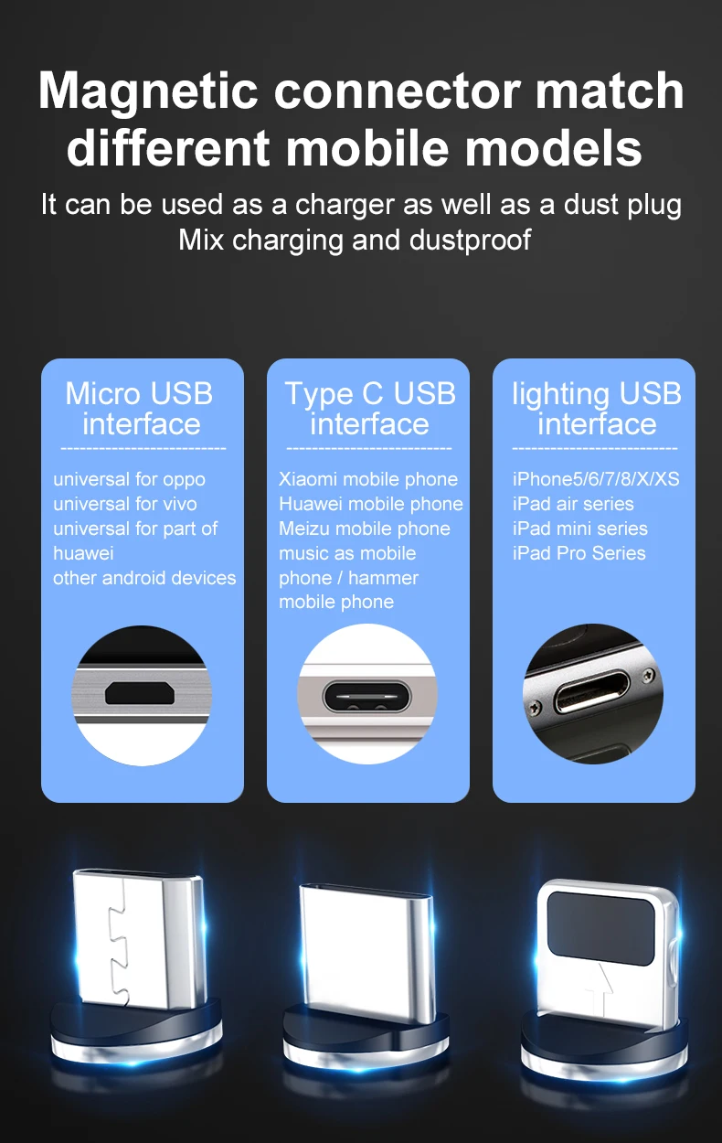 Магнитный кабель Micro USB для быстрой зарядки, кабель usb type C, магнитный кабель для зарядки и передачи данных, шнур для iPhone X 7 8 samsung S9 Xiaomi