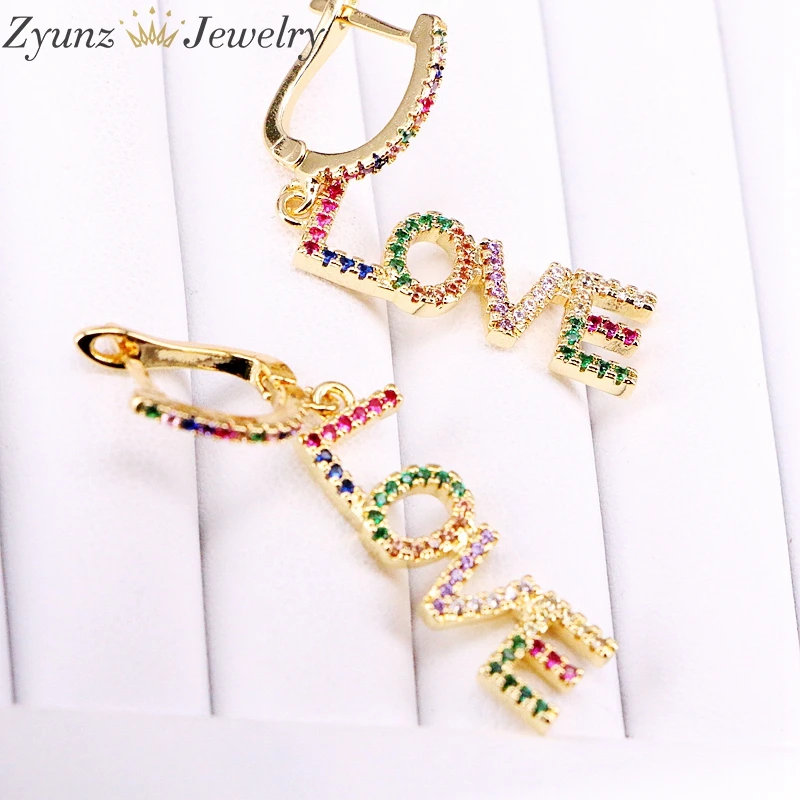 

5 Pairs Multi-color cz earring Gold-color LOVE Letter Statement Rainbow dangle Earrings for Women Jewelry