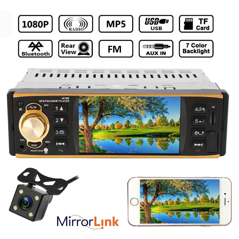 4.1 inch 1 Din Car Radio Audio Stereo AUX FM Radio Station Bluetooth Autoradio with Rearview