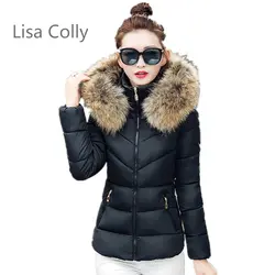 Lisa Colly 2017 для женщин зимняя куртка хлопковое пальто M-3XL размеры костюмы с капюшоном Новый тонкий повседневное парка 4 цвета