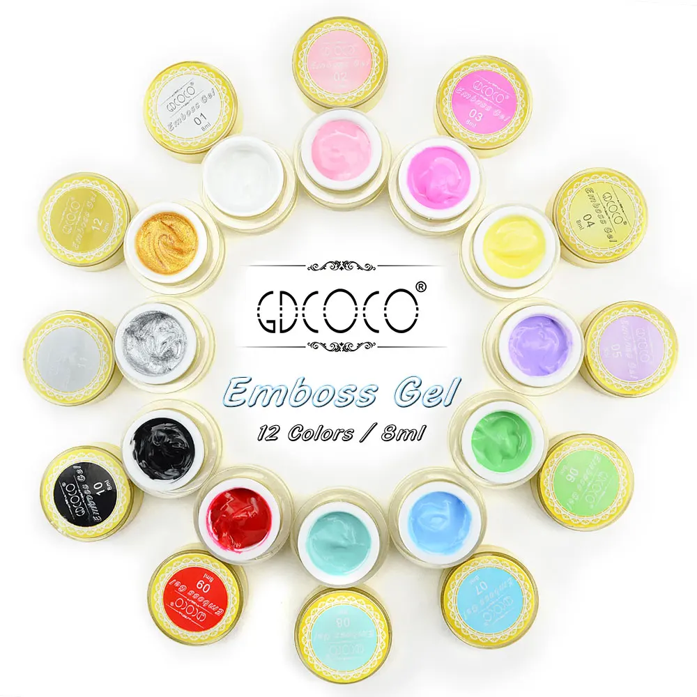 

GDCOCO Emboss Gel Kit Nail Art 3D/4D Gel 12 Colors Nail Art Design 8ml Soak Off UV/LED Nail Gel