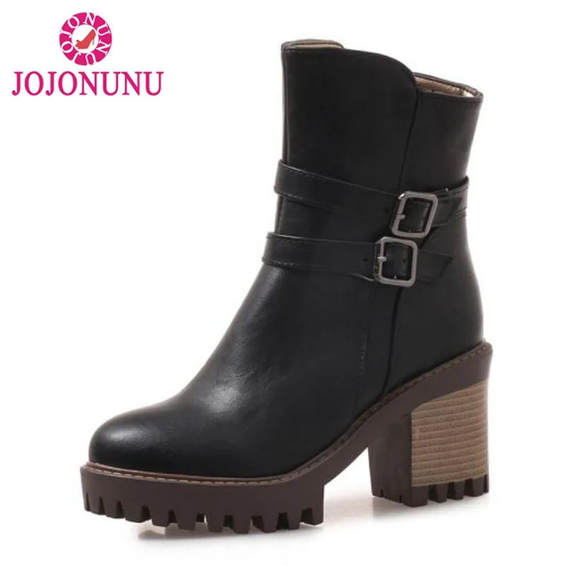 

FITWEE Women Thick High Heels Winter Boots Fashion Buckle Platform Fur Shoes Women Warm Platform Mid Calf Boots Size 33-43