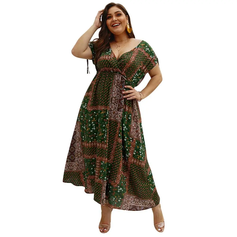 

Boho Sleeveless High Waist Loose Plus Size 3XL 4XL Dress Women Casual Summer Lace Up Deep V-Neck Printed Patchwork Dress