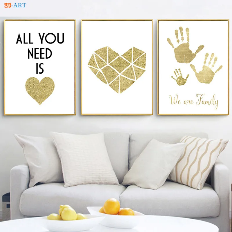 Us 3 94 18 Off Minimalist Canvas Painting Gold Glitter Palmprint Heart Poster Quotes Prints Fashion Wall Art Kids Room Home Decor In Painting