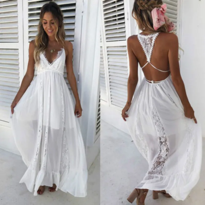 

Women Boho Lace Long Maxi Dress Party Evening Summer Beach Sundress Women Sleeveless Tee Neck Lace Dress Blue White