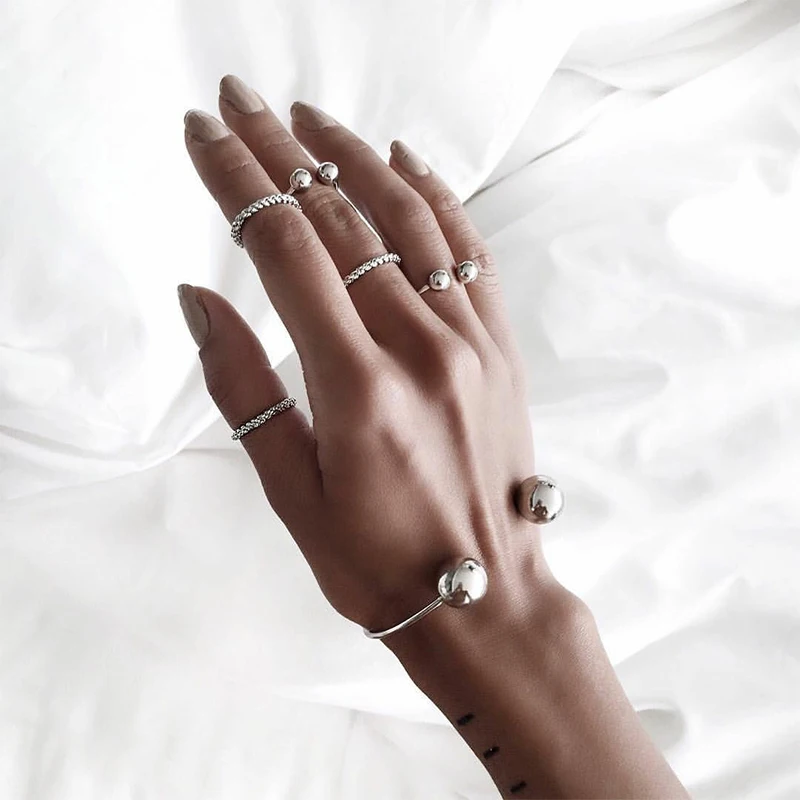 

6 Pcs/ Set Fashion Twist Bead Adjustable Opening Ring Bangle Women Personality Silver Joint Ring Charm Clothing Accessories