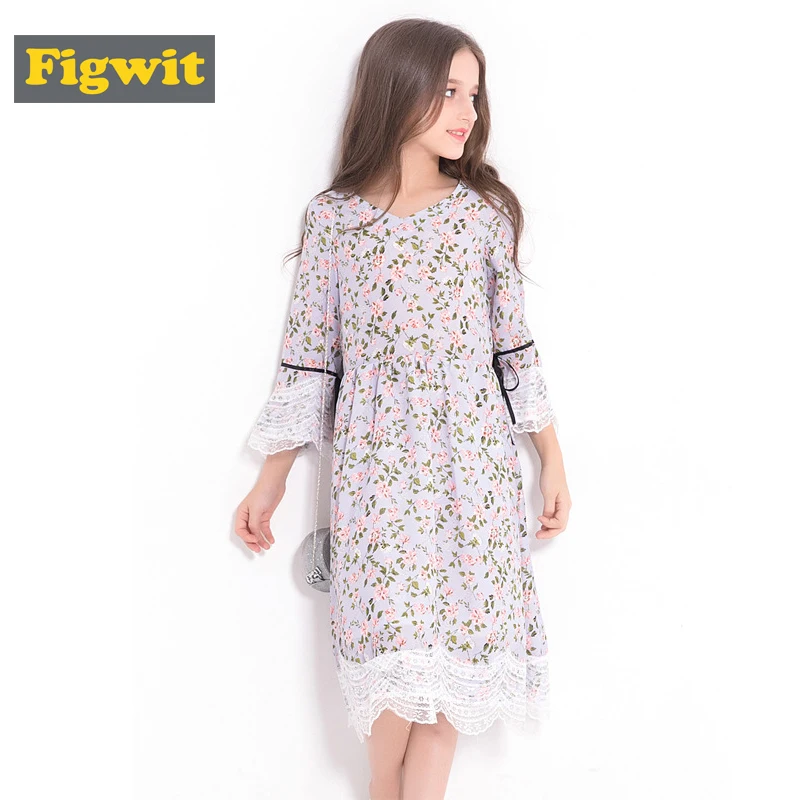 

Figwit Girls Flower Autumn A Line Dress Teen Kids Children Clothing Lace Flare Sleeve Teenage Dress for Girls Casual Floral