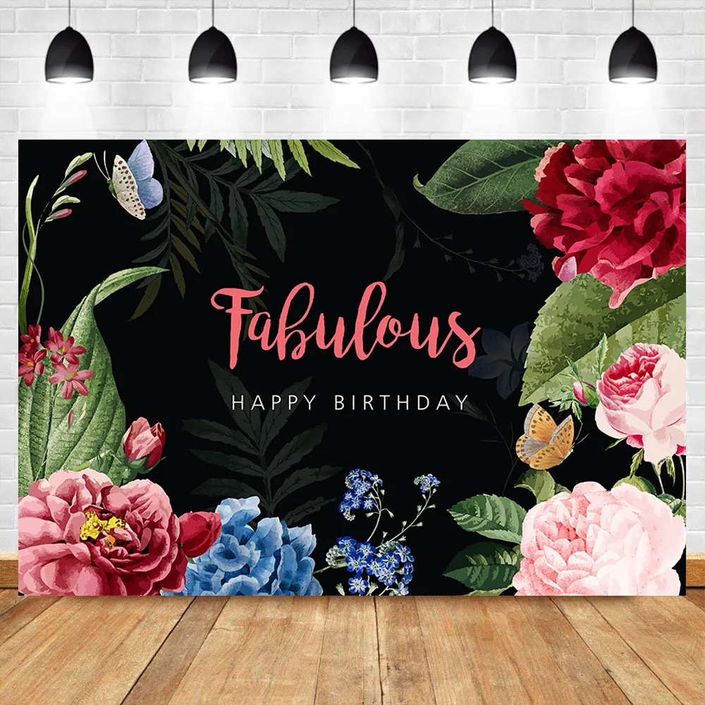

Happy Birthday Backdrop Rad Pink Blue Floral Photography Background Summer Green Leaves Flower Birthday Party Banner Backdrops