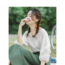 INMAN Summer O neck Literary Embroidery Loose Casual All Matched Half Sleeves Women Shirt