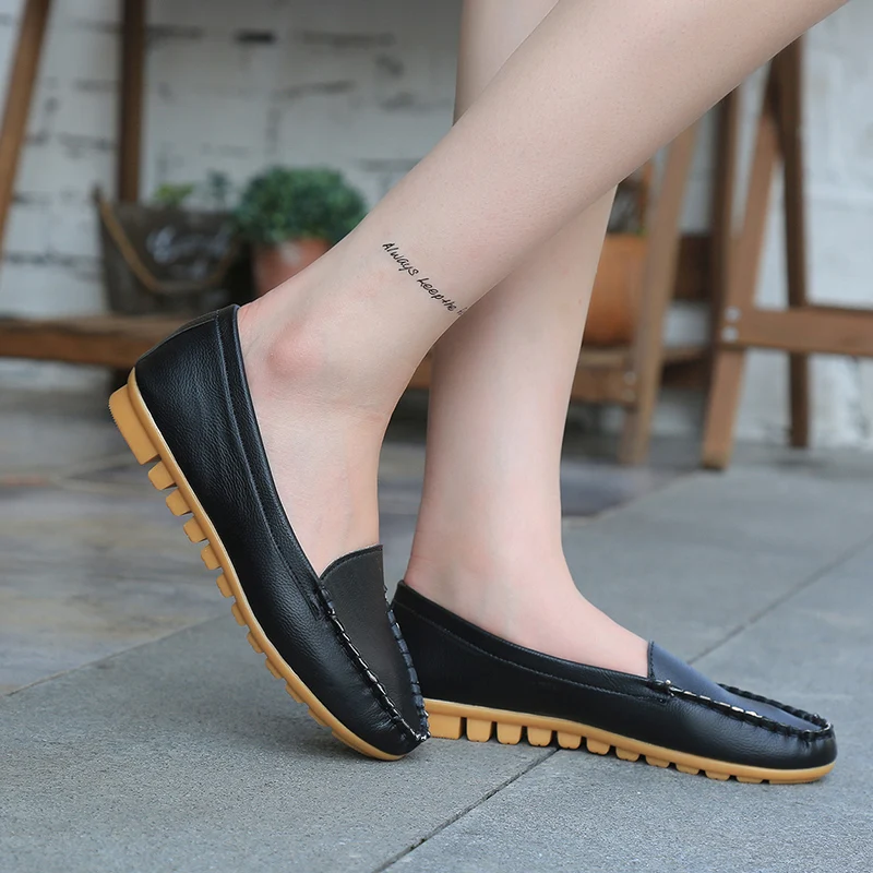 Autumn Spring Women Loafers Leather Slip on Shoes White Woman Shoes Ladies Solid Flats Boat Black zapatos mujer 2433