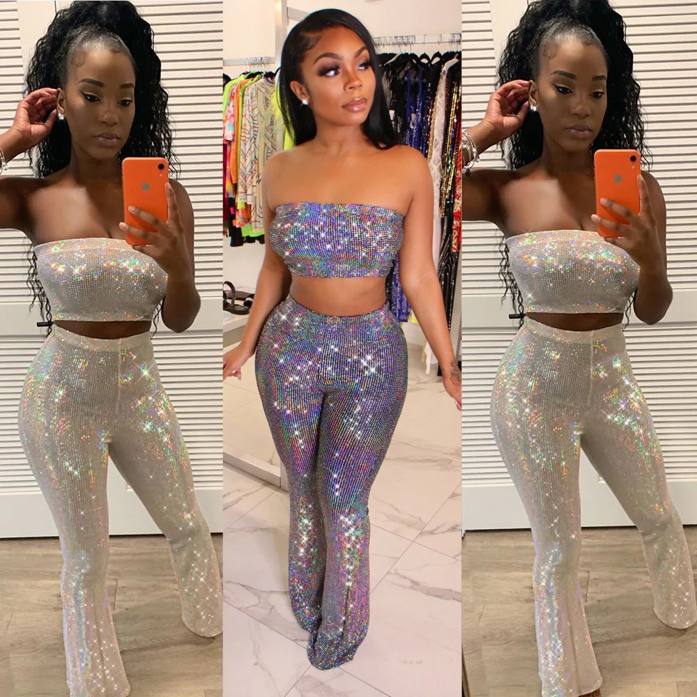 

Summer Autumn Women Two Piece Set Top and Pants Plus Size Tracksuit Sweatsuit Outfit Sexy Club Backless Sequin Beading Sets