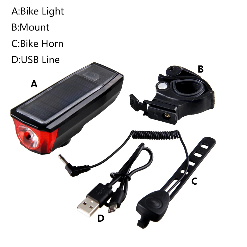USB солнечная панель, перезаряжаемый велосипедный светильник, 5 режимов, 120дБ, велосипедный колокольчик, передний головной светильник, безопасный задний светильник