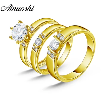 

AINUOSHI Real Gold TRIO Rings Bridal Set Bar Setting Round Cut Band Engagement Jewelry 14K Yellow Gold Couple Wedding Rings Set