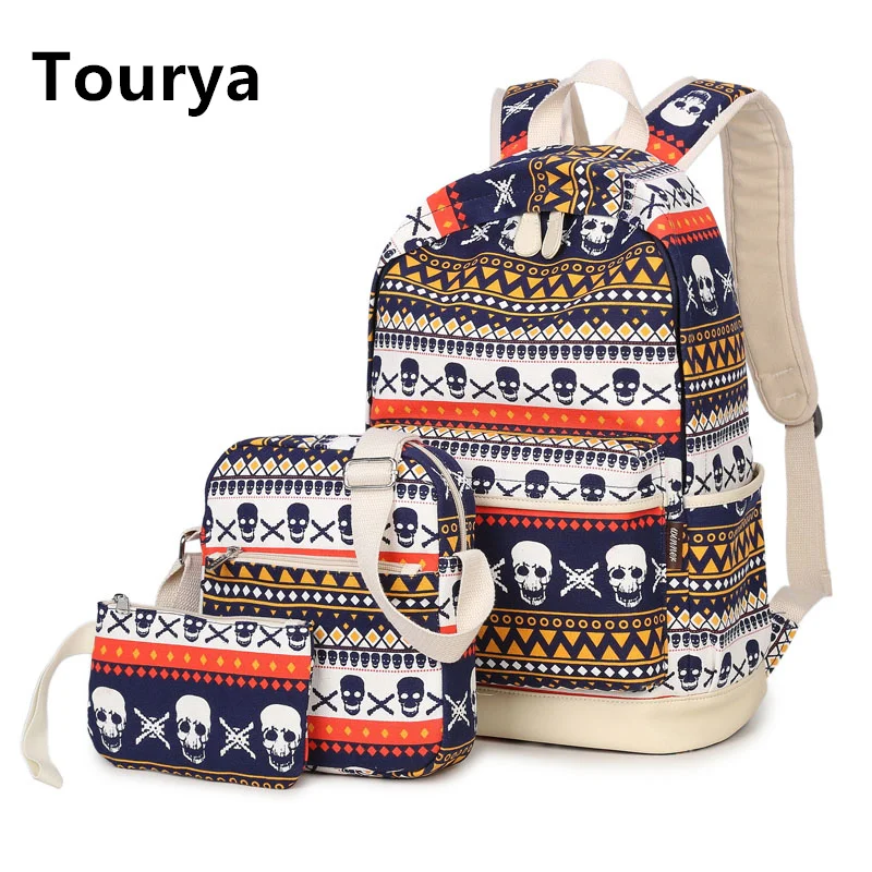 Tourya 3pcs/Set Printing Women Geometric Backpack Skull Cute Canvas Bookbags Set Backpacks School Bags for Teenage Girls Female bookbags-for-girls