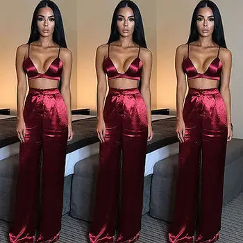 

Summer Loose Fashion Wine Red Fashion Spandex Bustier +Pants Women Stretch High Waist Trousers Wide Leg Long Pants Palazzo