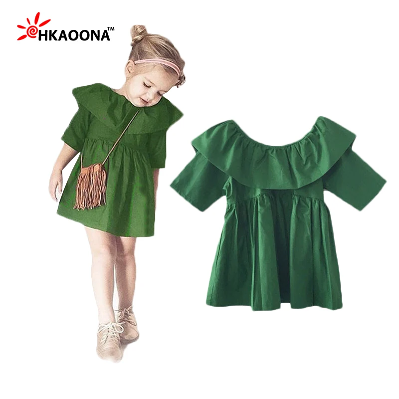 

2016 New Summer Baby Girls Ruffled Green Dress Fashion European And American Style Solid Mini Dress Cute Kids Dress Clothes