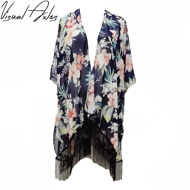 

[Visual Axles] 2017 Spring Summer 75D Chiffon Poncho Women Fashion Print Blue Big Floral Fringe Poncho Beach Scarves Shawls