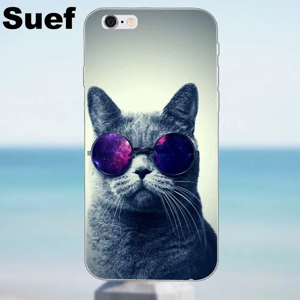 Suef Мягкий ТПУ дизайн кошка с очками для iPhone 4 4S 5 5S 5C SE 6 6S 7 8 Plus X Samsung Galaxy A3 A5 J1 J3 J5 J7 2016