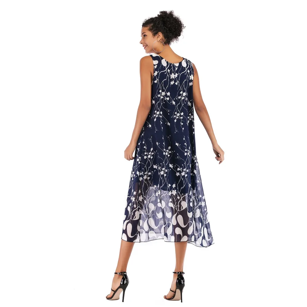 Лето 2019 модное летнее шифоновое платье Boho пляжное длинное без рукавов вечерние