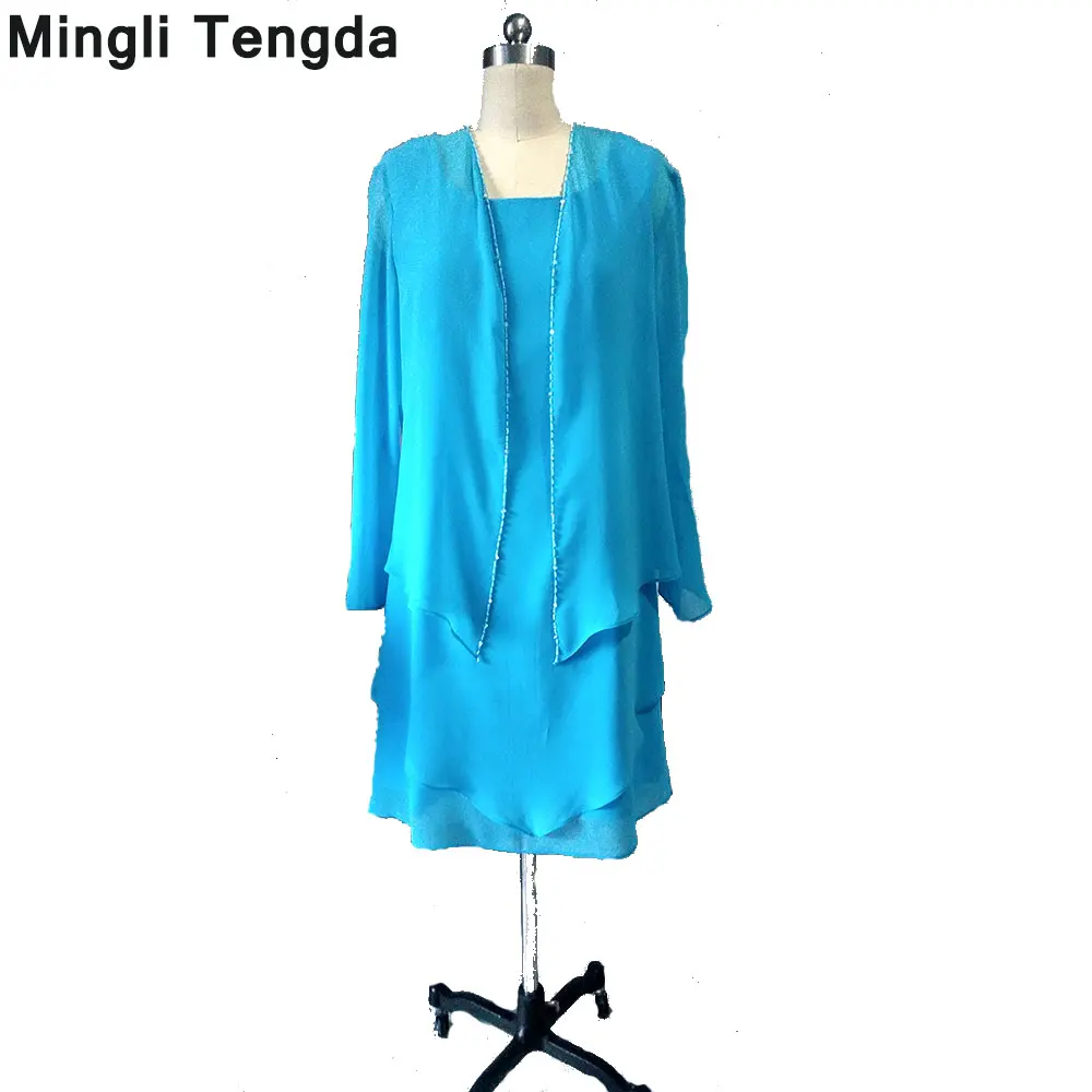 

Mingli Tengda Lady Dress Sky Blue Mother of The Bride Dresses with Jacket Beaded Wedding Party Dress Full Sleeve Women Dresses